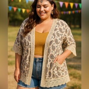 Indigo Rose Paisley Lace Trim Kimono Cardigan 2X Boho Festival Duster‎